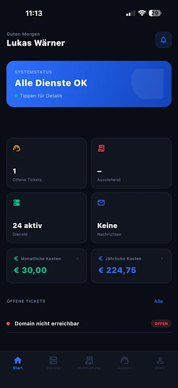 WTS App – Dashboard-Ansicht mit Dienst-Status, Tickets und Kostenübersicht
