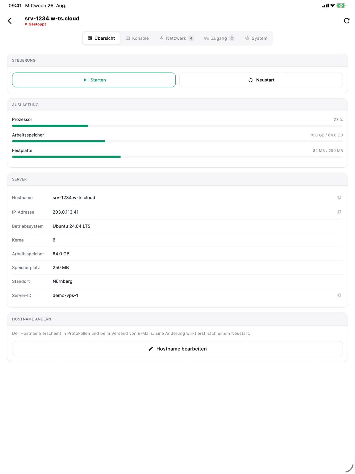 Die WTS-App auf dem iPad: Serverübersicht mit Auslastung und Steuerung